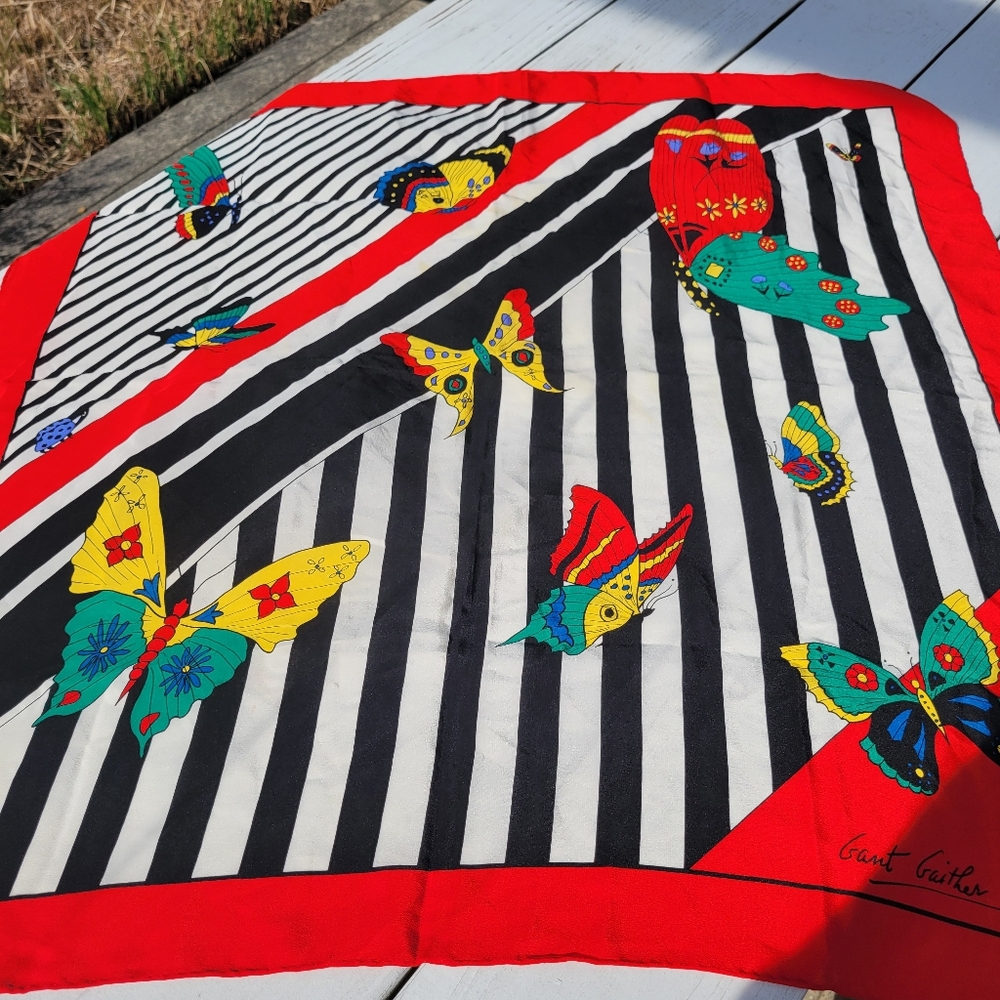 Gant Gaither Silk Butterfly Print Scarf ~ Colorful! ~ Vintage 1970s-80s? ~ Korea